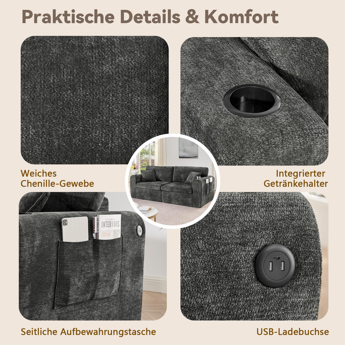 2-SITZER SOFA Chenille Schwarz mit USB, Magazintasche, Getränkehalter und Kissen - Schwarz, Textil (220/89/100cm) - WISHDOR