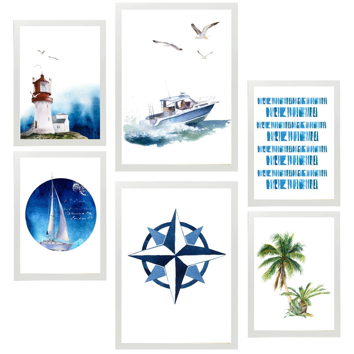 POSTER Set Mit 6 Komposition Meer Und Strand A3 & A4 Weißer Rahmen - Weiß, Papier (29/3cm) - Nacnic