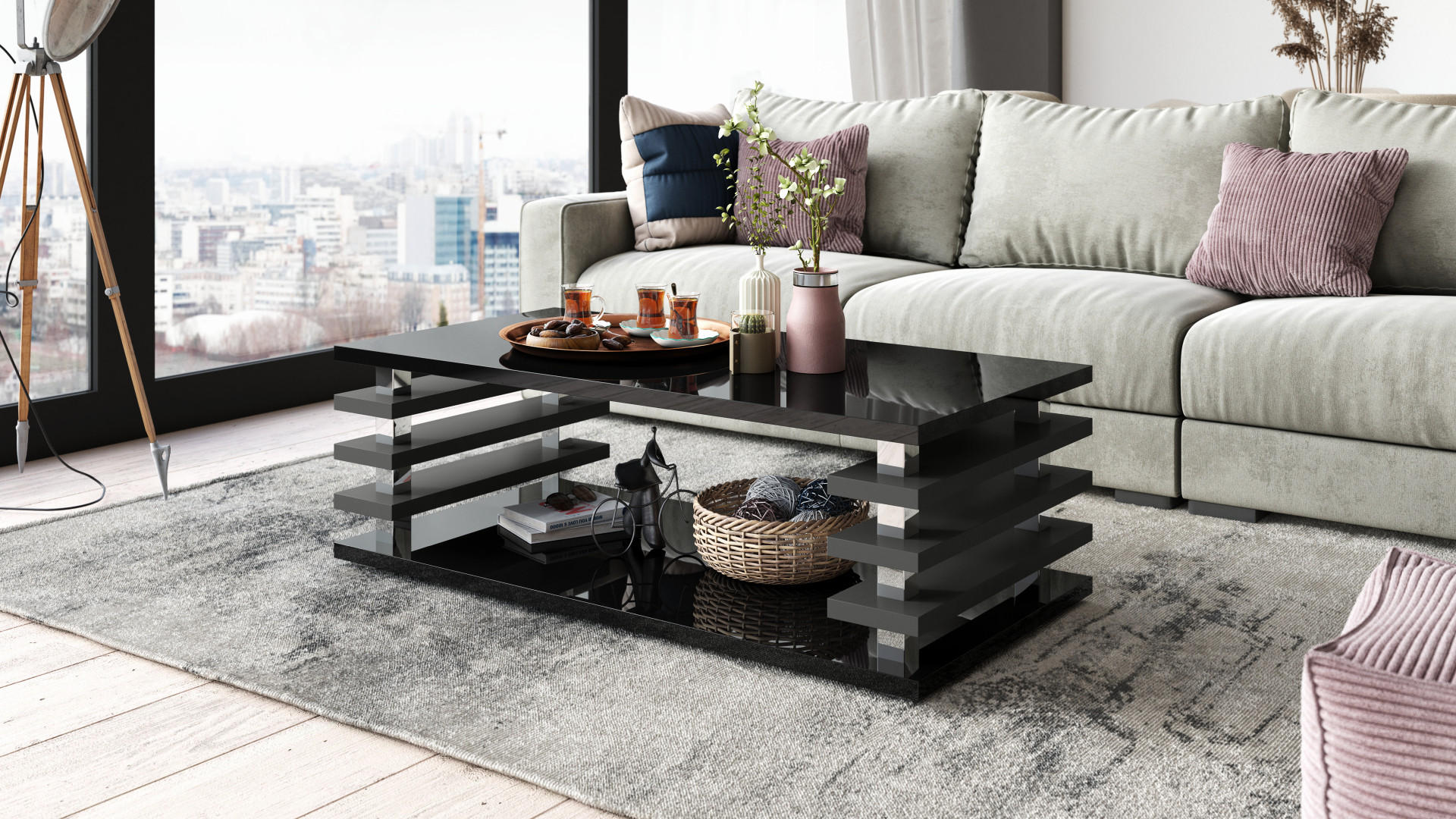 COUCHTISCH rechteckig Schwarz Hochglanz - Anthrazit matt Ablage 120/40/60 cm - Schwarz Hochglanz/Anthrazit, Holzwerkstoff (60/120/40cm) - designimpex