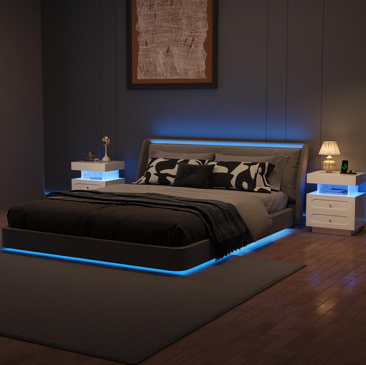 NOČNÍ stolek 100/40/60 cm bílý z dřevotřísky s LED osvětlením a 2 zásuvkami - bílá, kompozitní dřevo (100/60/40cm) - OKWISH