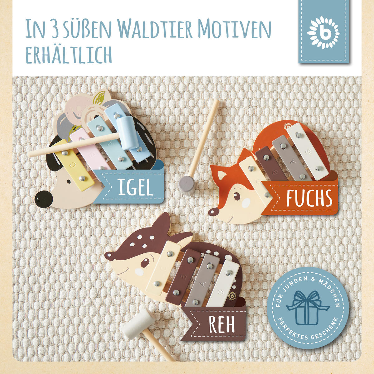 XYLOPHON Igel - ab 12 Monate - Multicolor, Holz (17/3/17.4cm) - Bieco Spielwaren