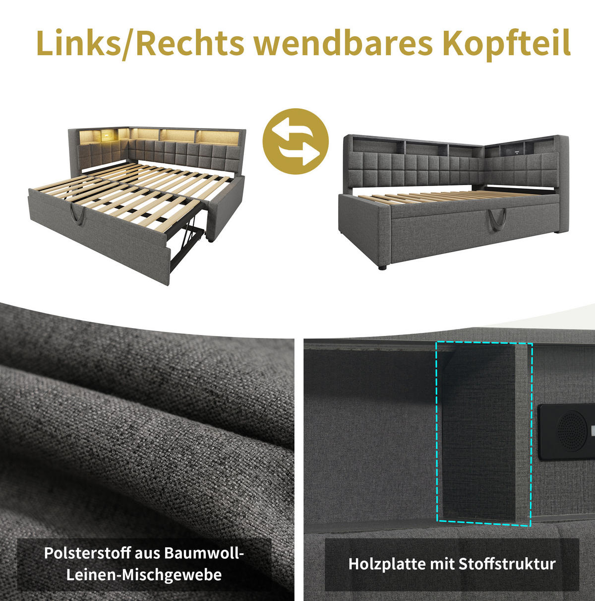 ČALÚNENÁ posteľ z ľanovej zmesi 90x200 cm sivá s výsuvným lôžkom, LED, Bluetooth, USB a Type-C - sivá, textil (90/200cm) - Modfu