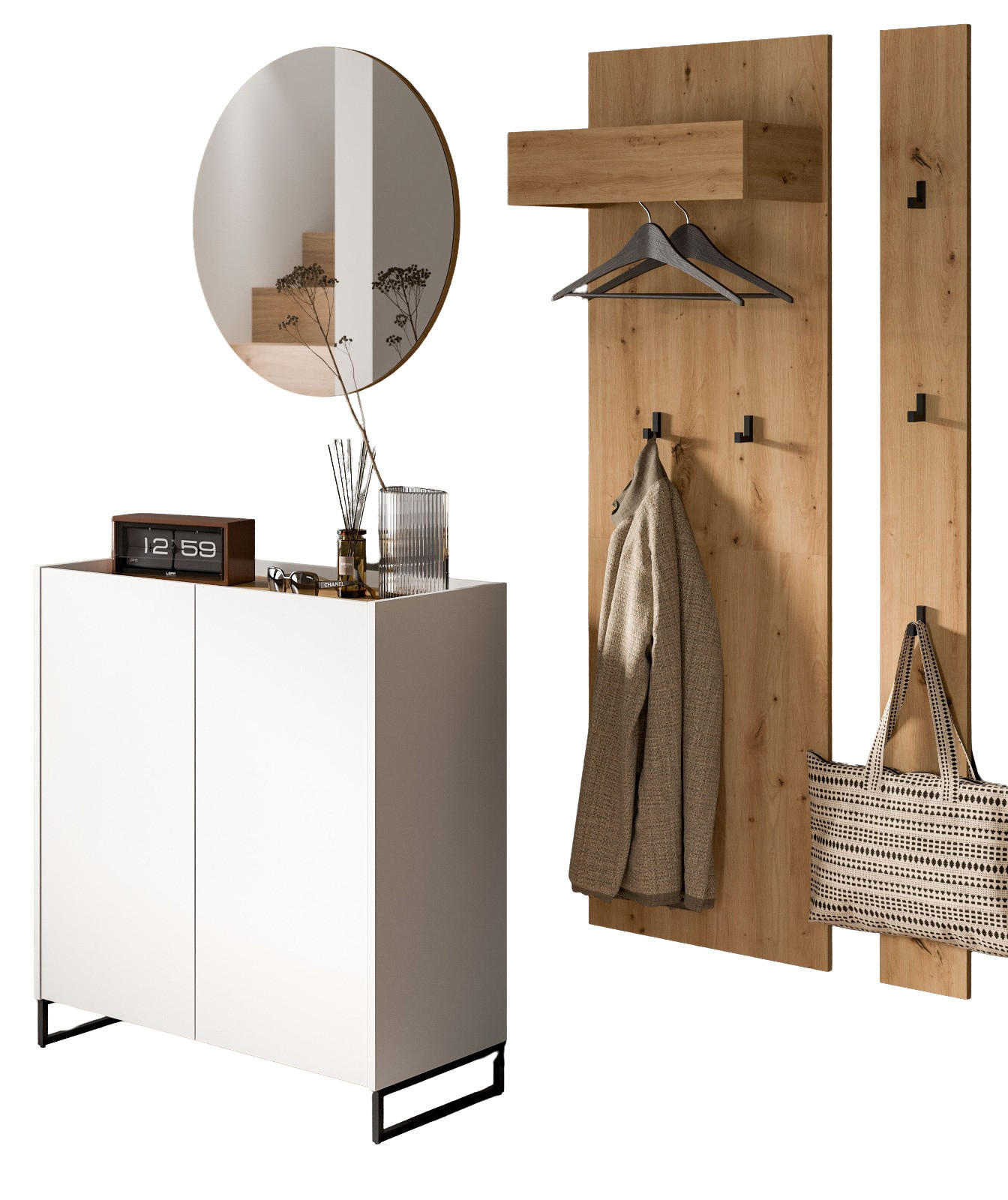 GARDEROBE-SET weiß und Artisan Eiche, Garderobe 4-teilig, 186 x 197 cm, Soft-Close, Borga - Schwarz/Weiß, Holzwerkstoff/Metall (186/197/38cm) - Inn.Furn