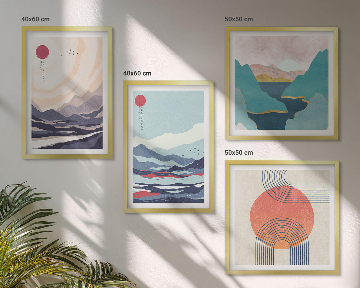 BILDER SET 4er Set - 50x50 cm & 40x60 cm Goldrahmen - Japanische Berglandschaften - Goldfarben, Kunststoff (50/50cm) - TULUP