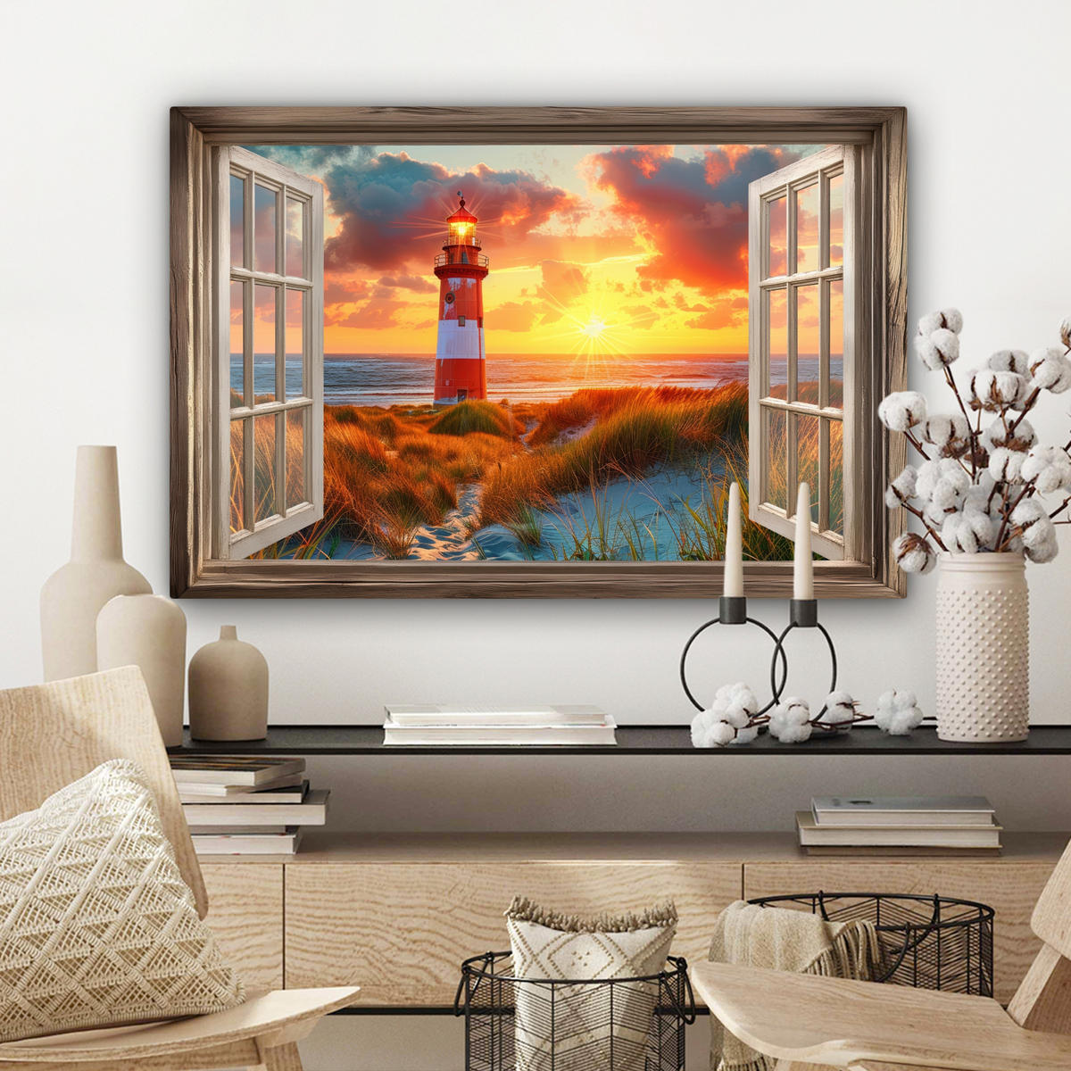 LEINWANDBILD Aussicht - Fenster - Leuchtturm - Sonnenuntergang - Strand Wanddeko 90x60 cm - Dunkelorange, Textil (90/60cm) - MuchoWow