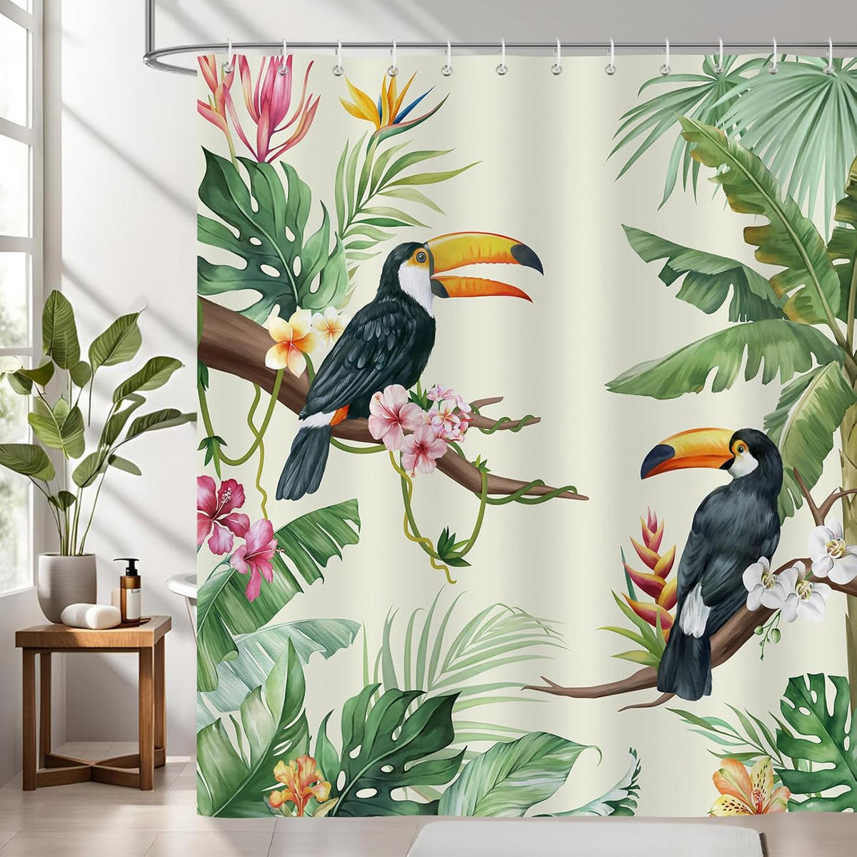 DUSCHVORHANG Vögel Blätter 180 x 180 cm Polyester schimmelresistent wasserdicht waschbar Badezimmer - Grün, Textil (180/180cm) - MCBOSON