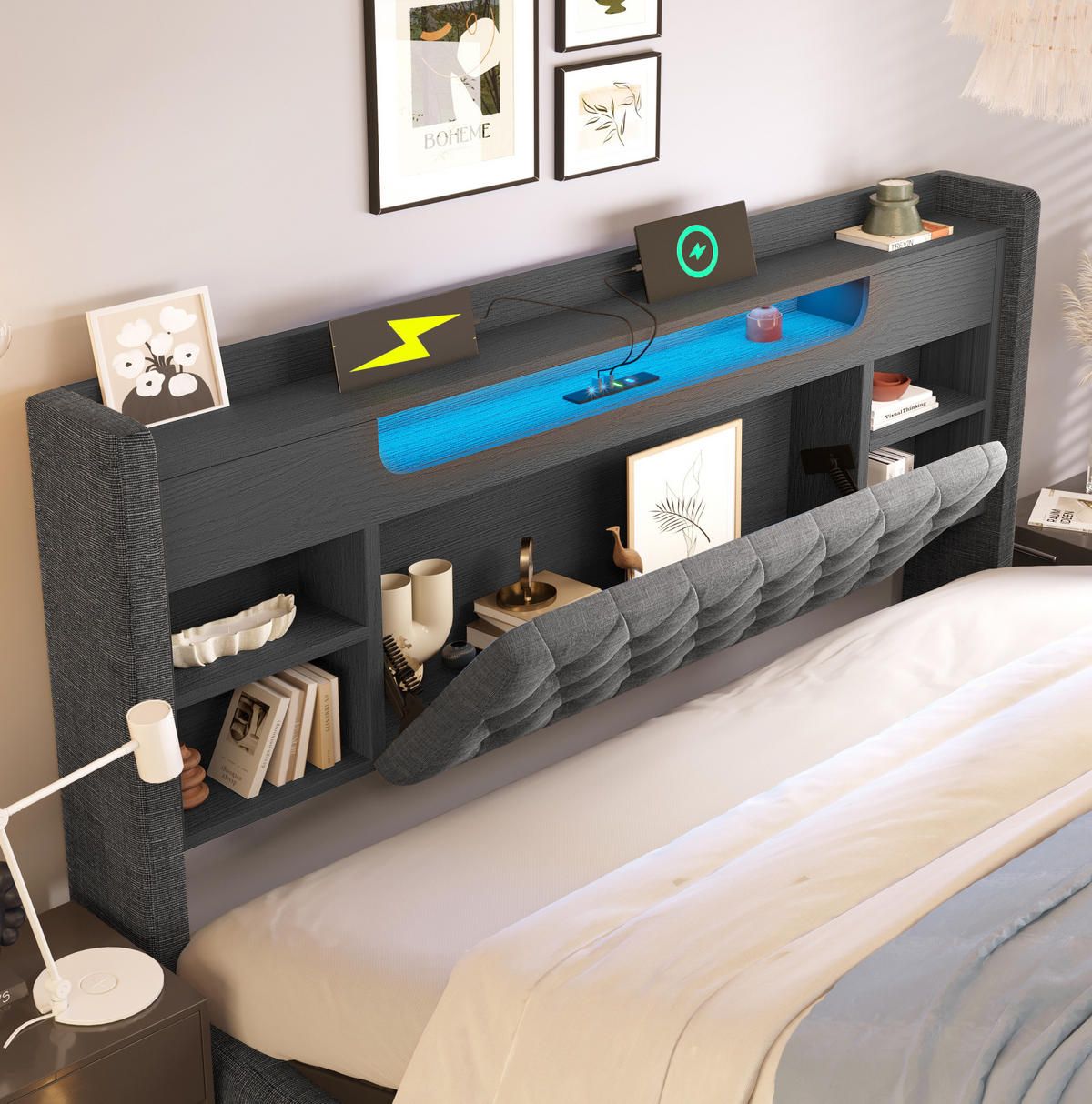 POLSTERBETT 180/200 cm aus Leinen mit Bettkasten LED und USB-C-Ladefunktion Grau - Grau, Textil (180/200cm) - Modenvie