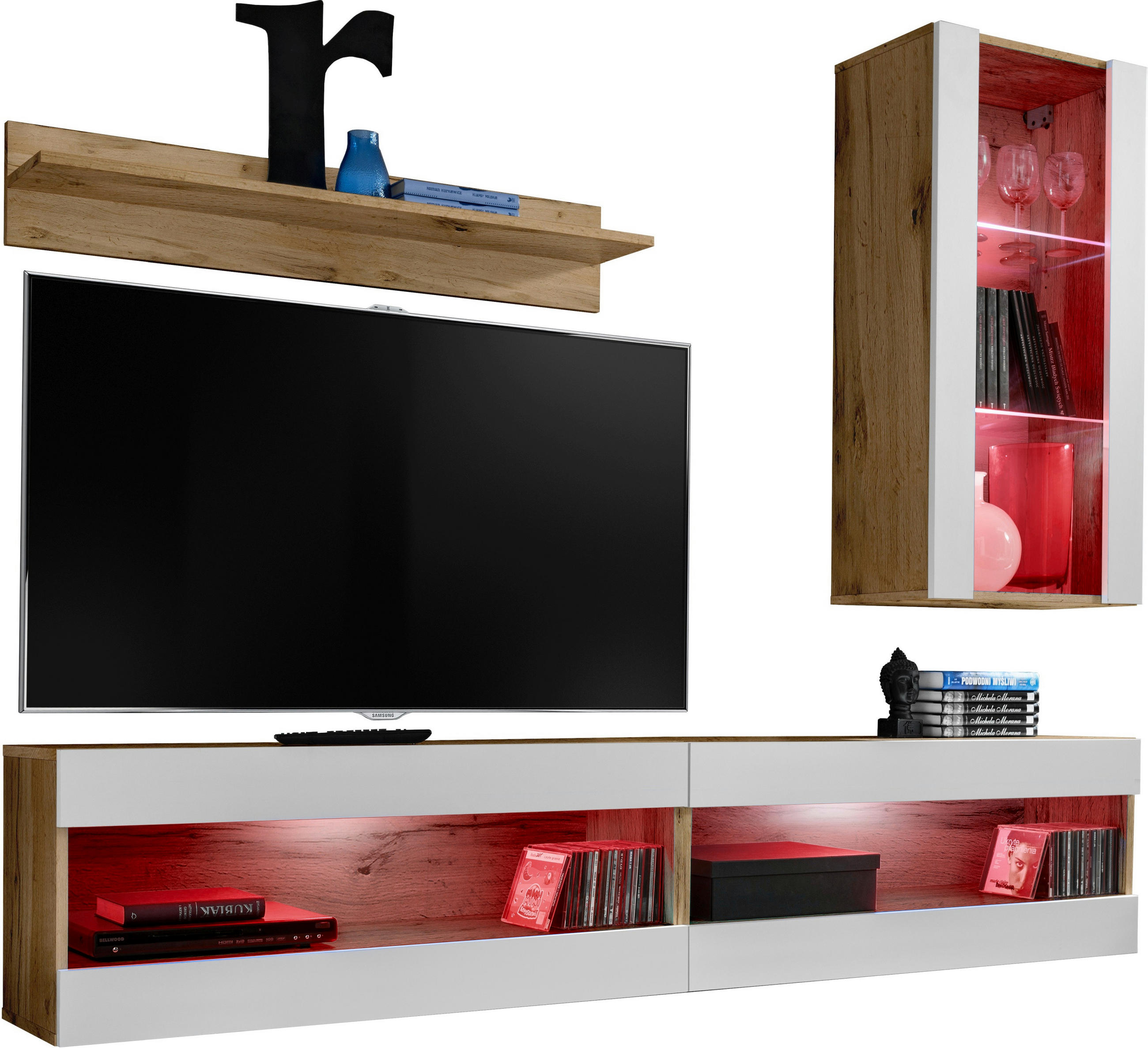 WOHNWAND 4-er Set, TIVOLI SET5 mit mehrfarbige LED RGB Beleuchtung Wotan + Weiß, Offener Raum - Eiche Wotan/Weiß, Glas/Holzwerkstoff (240/195/35cm) - Komodee