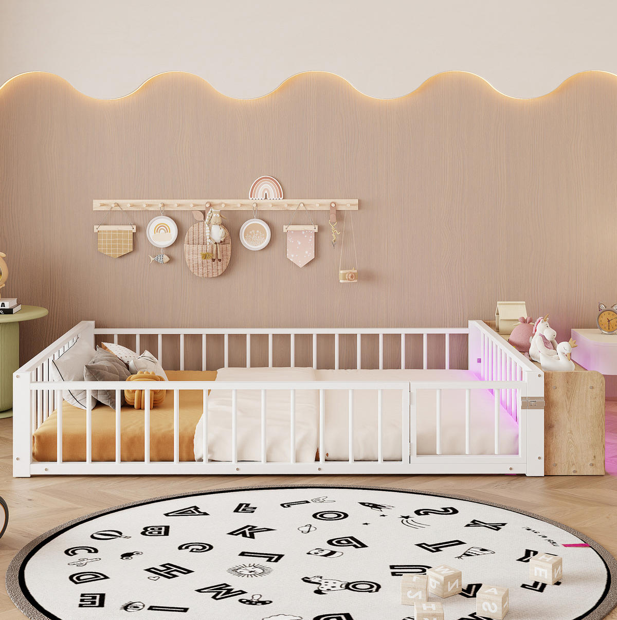 KINDERBETT 140/200 cm mit Schutzgeländer, offenem Staufach und LED-Beleuchtung, Weiß - Weiß, Holzwerkstoff (140/200cm) - Redom
