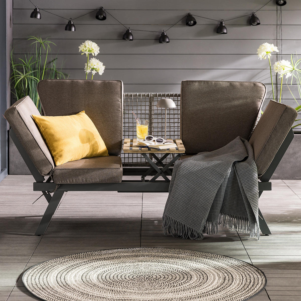 LOUNGESOFA - Stahl / Polyester - Anthrazit - Anthrazit/Braun, Holz/Textil (176/83/75cm) - home24