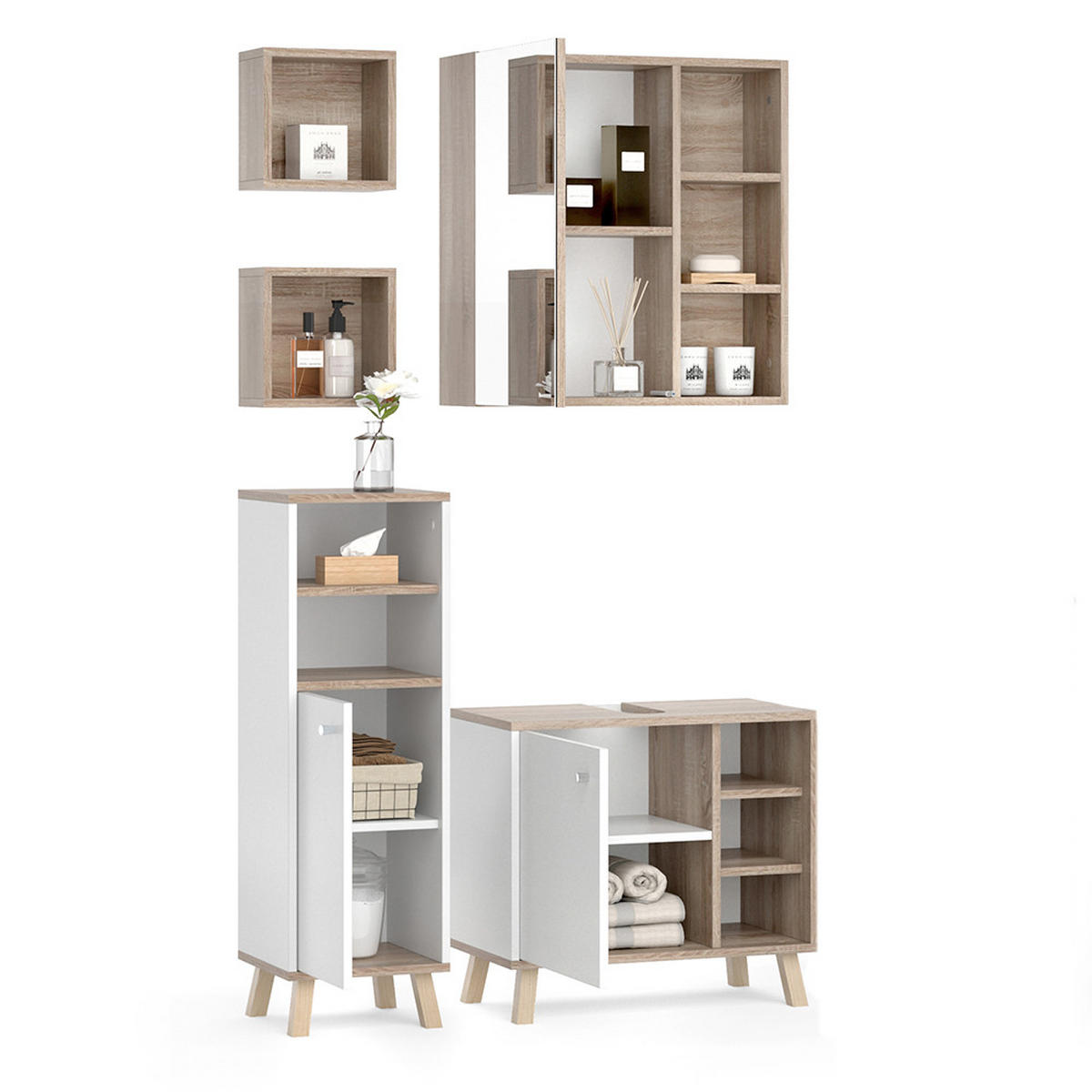 BADMÖBEL-SET Senyo Weiß 4 Teile, mit Midischrank - Weiß/Sonoma Eiche, Holzwerkstoff (62/54/32cm) - Vicco