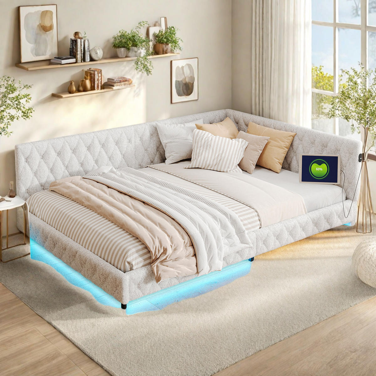 POLSTERBETT 140x200 cm béžová plyšová deka s LED USB - béžová, kov - SHOPENTRA