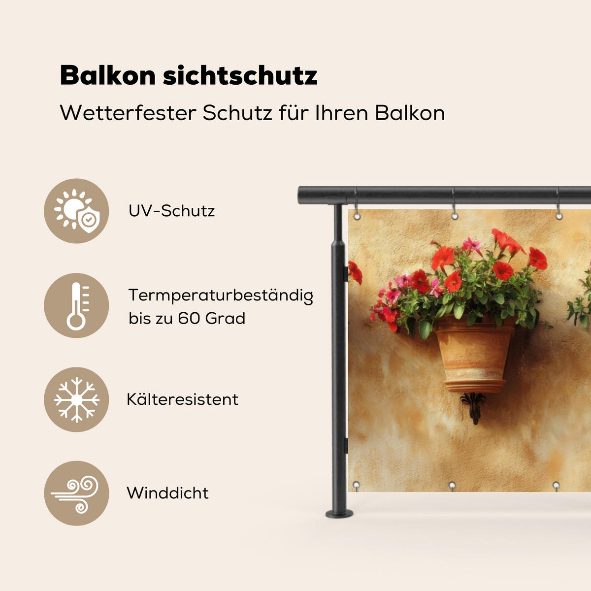 BALKON-SICHTSCHUTZ Blumentöpfe - Wand - Vintage - Terra cotta, Kunststoff (300/110cm) - MuchoWow