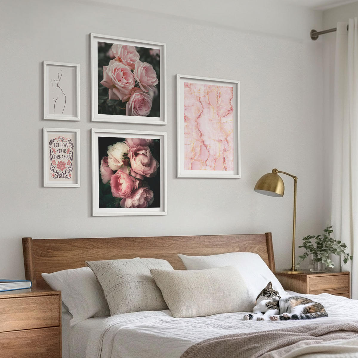 WANDBILDER 5er-Set - 50x50 cm & 20x30 cm & 40x60 cm Weißer Rahmen - Vintage-Rosen-Marmorträume - Weiß, Kunststoff (40/60cm) - ArtPrintCave