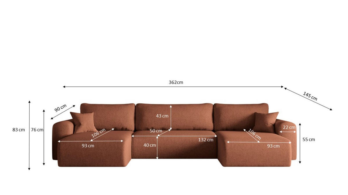 ECKSOFA Mit Schlaffunktion Und Bettkasten U-form CAPRI Verita Kupfer - Kupferfarben, Holz/Textil (145/362cm) - Kaiser Möbel
