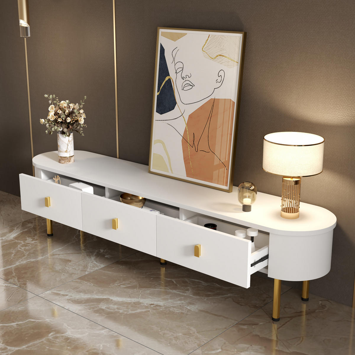 TV-SCHRANK in Weiß lackiert mit 3 Schubladen und goldfarbenen Beinen 174/35/41 cm - Weiß, Holzwerkstoff (174/41/35cm) - Redom