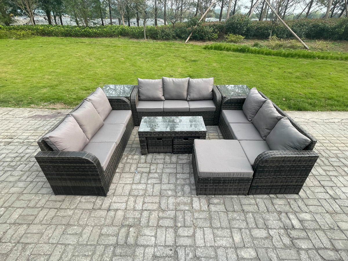 GARTENSOFA SET mit rechteckigem COUCHTISCH Polyrattan 12-Sitzer Dunkelgrau - Dunkelgrau/Grau, Glas/Kunststoff - Fimous