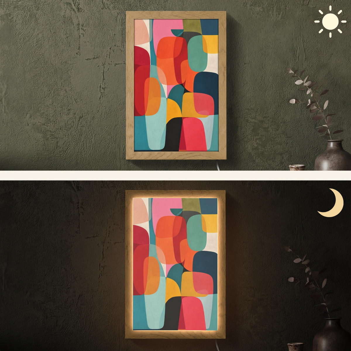 NÁSTĚNNÁ LAMPA Tvary - barevné - abstraktní - letadla 20x30 cm - různobarevná, kompozitní dřevo (20/30/8cm) - OnlyWow