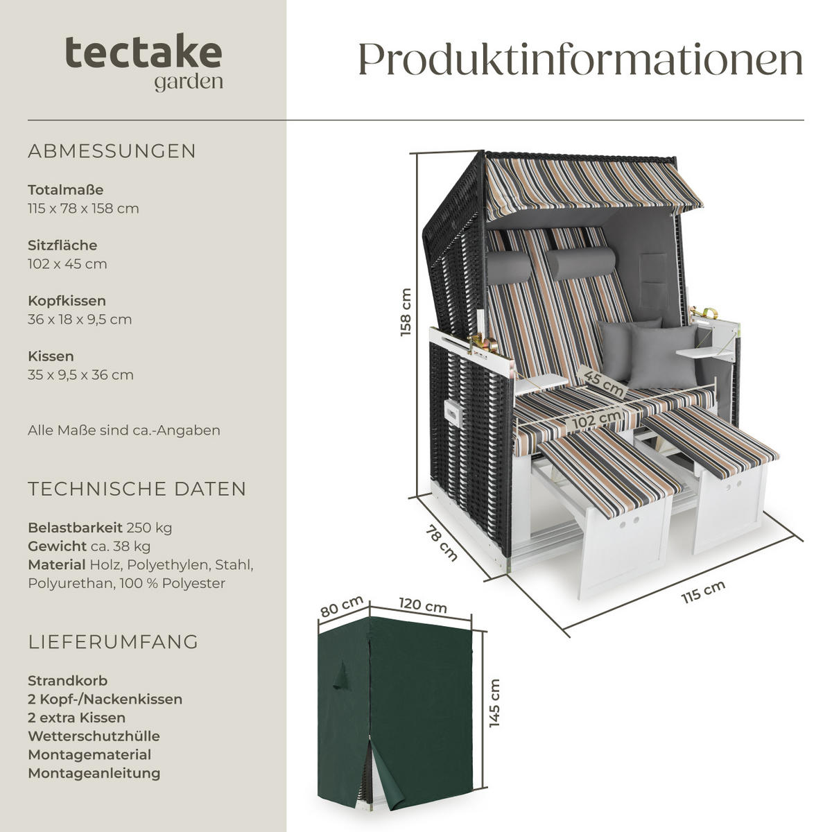 STRANDKORB Sylt,115 x 158 x 78 cm,schwarz/grau/braun - Schwarz/Braun, Holz (78/158/115cm) - tectake