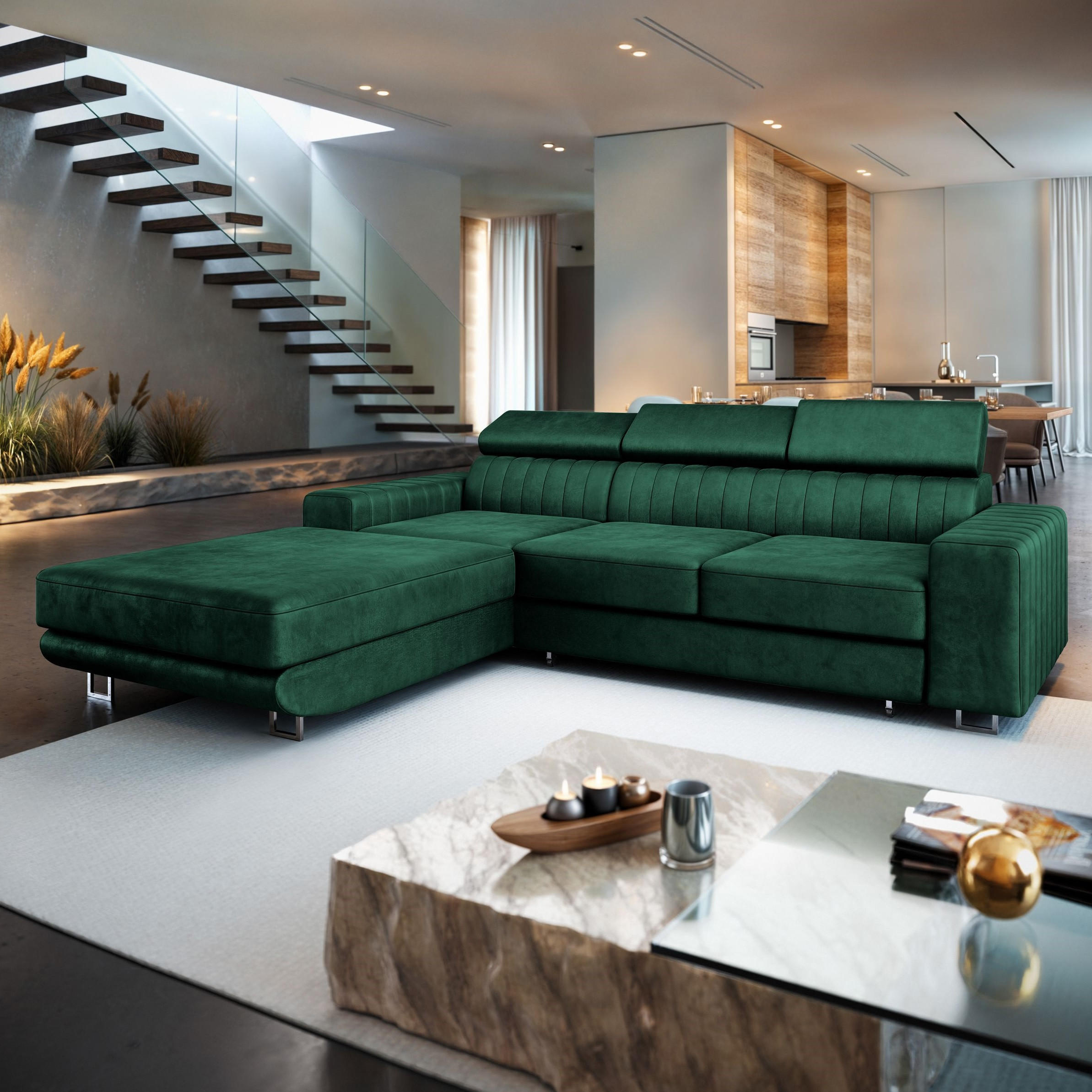 ECKSOFA NOTO L-S Grün Velours-Stoff mit Schlaffunktion - Grün, Holz (267/190cm) - MASSENO