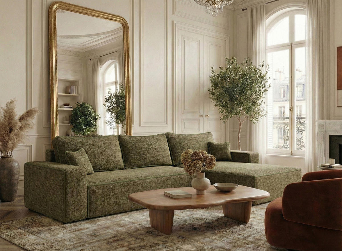 ECKSOFA MIT SCHLAFFUNKTION Modo Hellblau Chenille-Stoff - Rechts Seite - Schwarz/Olivgrün, Holz/Holzwerkstoff (294/185cm) - Maison de Reve