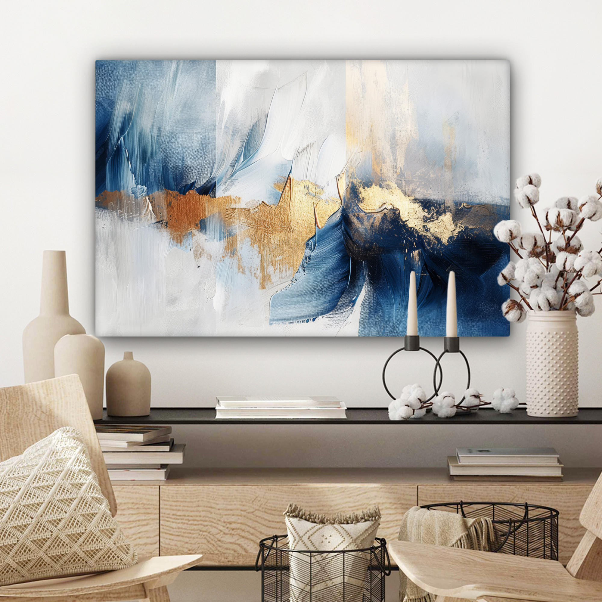 LEINWANDBILD Gold - Blau - Aquarell - Kunst - Modern Gemälde 60x40 cm - Hellblau, Textil (60/40cm) - MuchoWow