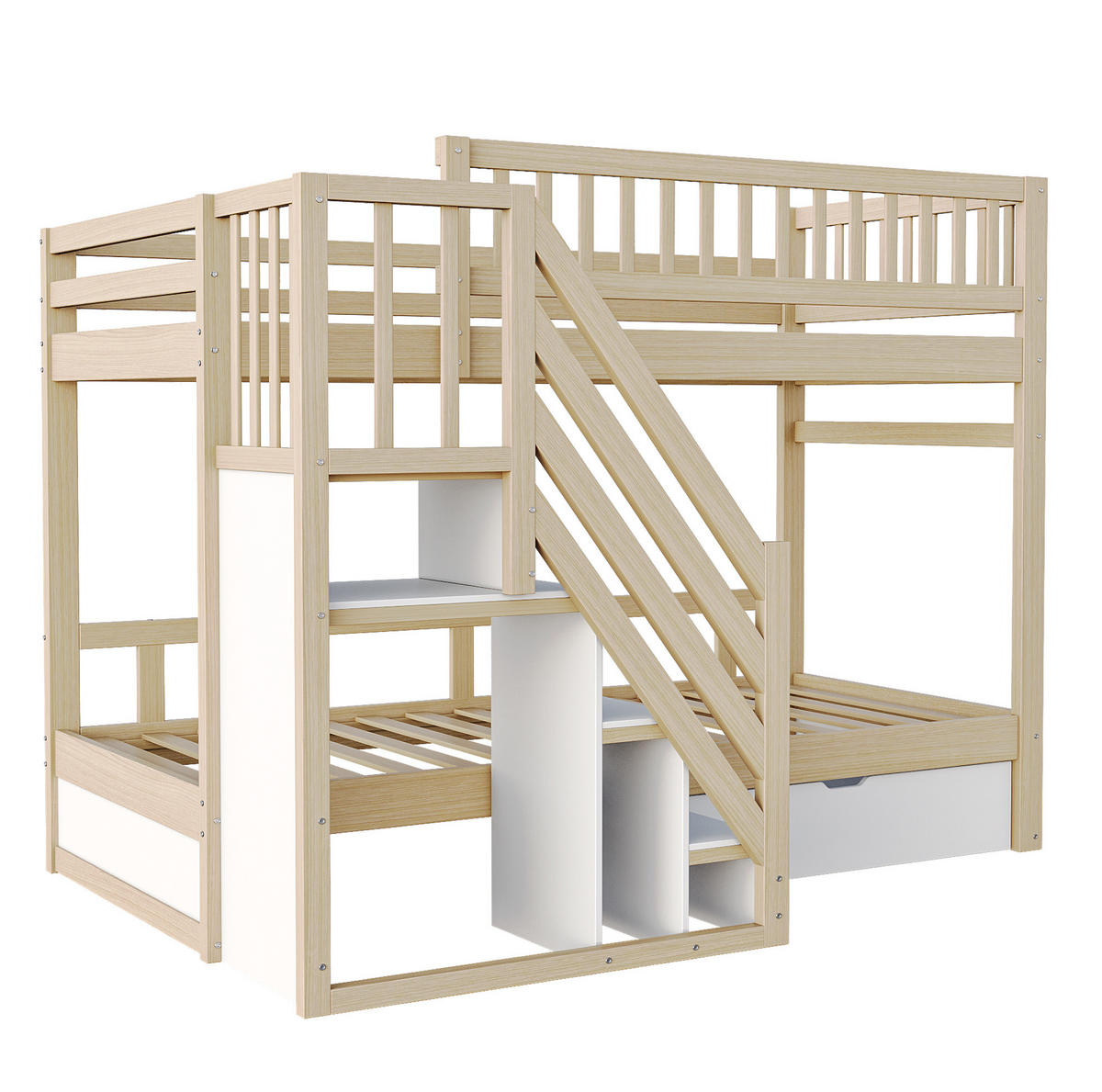 KINDERBETT aus Massivholz 90x200 cm mit Stauraumtreppe & Schublade - Naturfarben, Holz (90/200cm) - Modfu