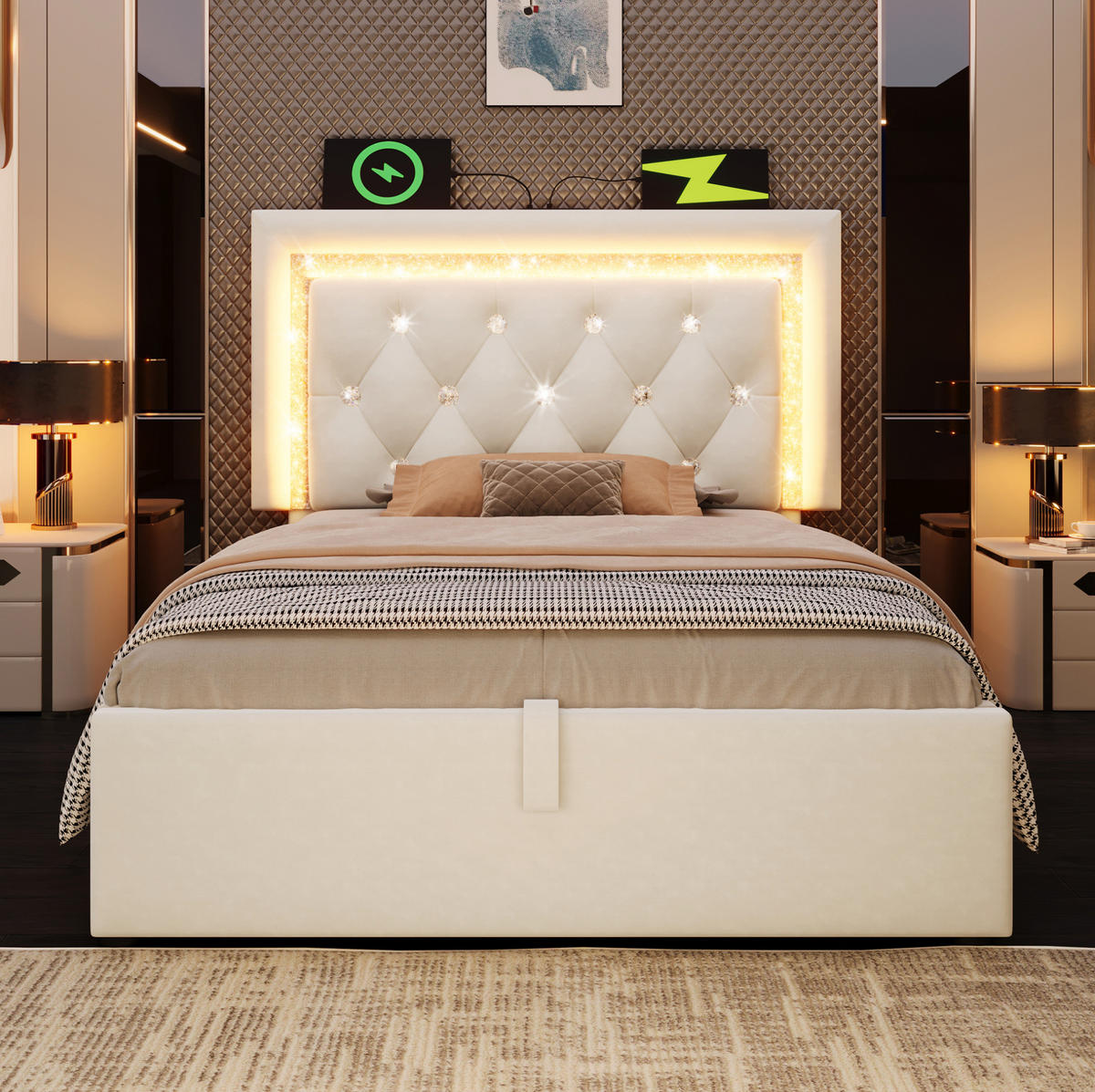 ČALÚNENÁ posteľ z velúru 90x200 cm béžová s LED osvetlením, USB a Type-C nabíjaním, úložným priestorom - béžová, textil (90/200cm) - Modfu
