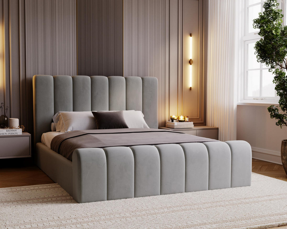 DOPPELBETT 140x200 Valetta mit Bettkasten, Velvet Hellgrau - Hellgrau, Holz/Textil (140/200cm) - Emporius