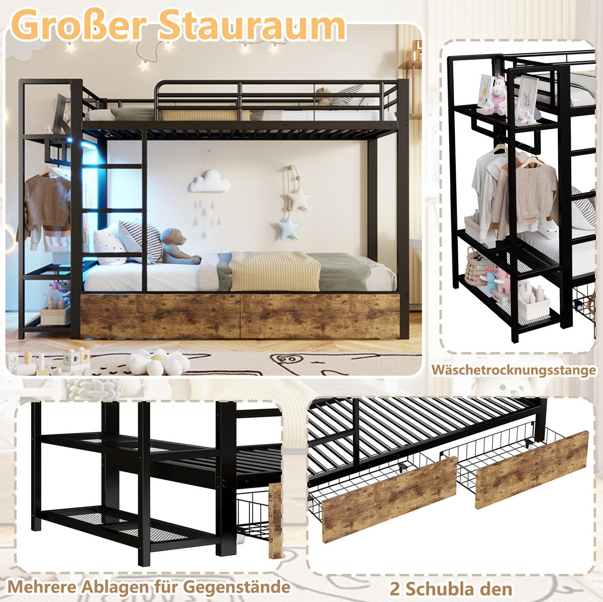 ETAGENBETT 90/200 cm aus Metall mit LED-Beleuchtung und 2 Schubladen - Schwarz, Metall - BEAOK