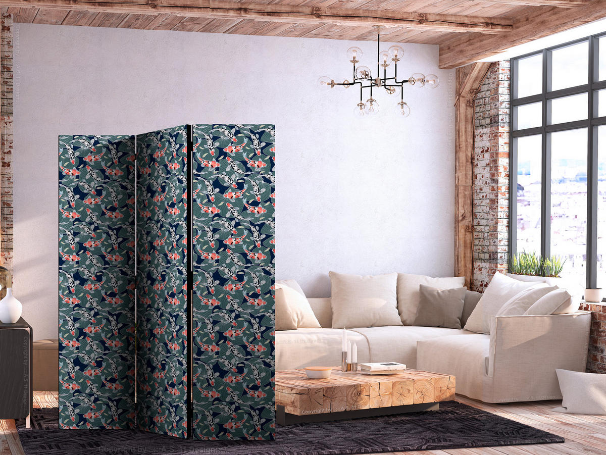PARAVENT Einseitig Bedruckter 3-tlg 135x172 cm Kois und Bl tter - Multicolor, Holz/Textil (135/172/3cm) - Muralo
