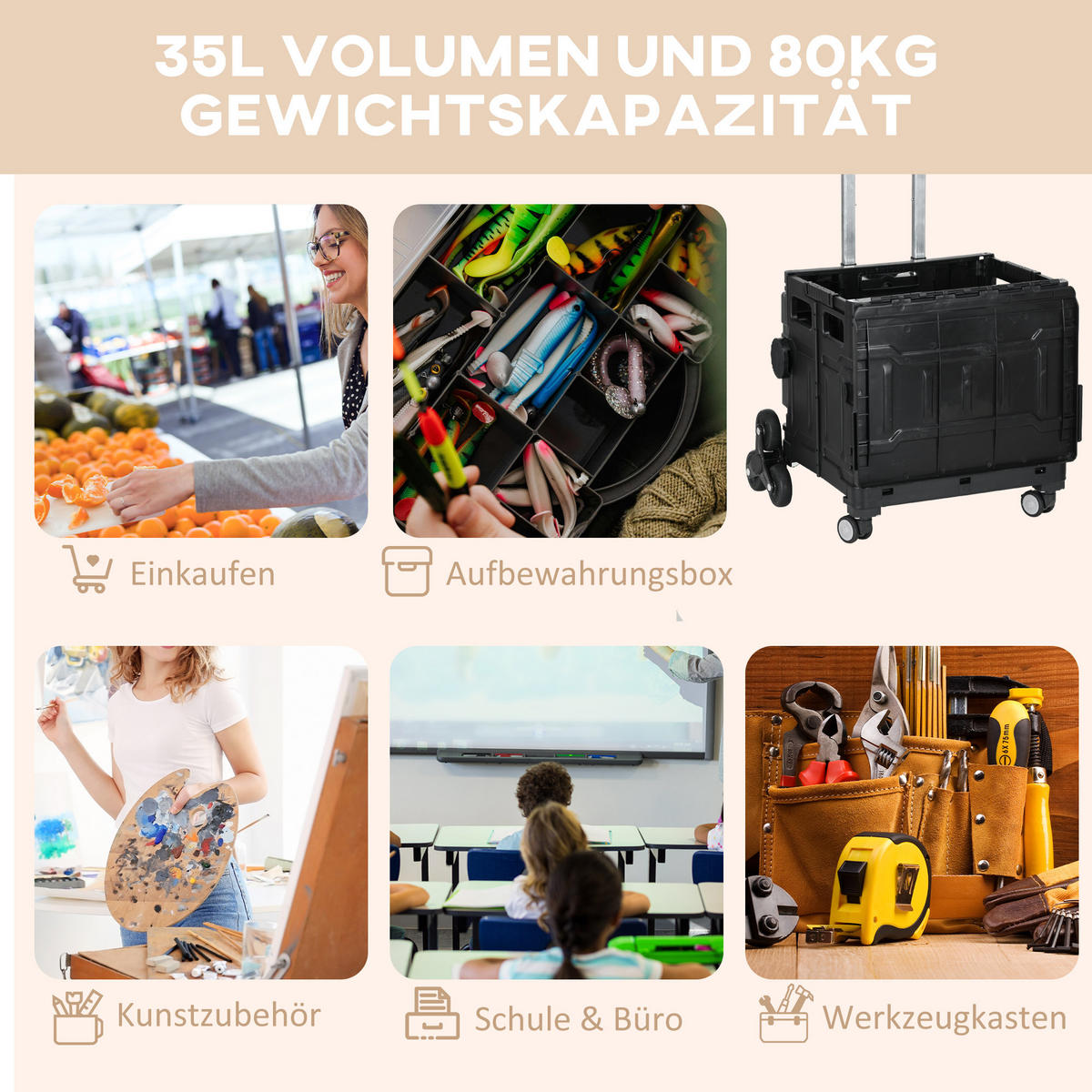 EINKAUFSWAGEN Kunststoff Aluminiumlegierung Schwarz - Schwarz, Kunststoff (48/100/52cm) - HOMCOM