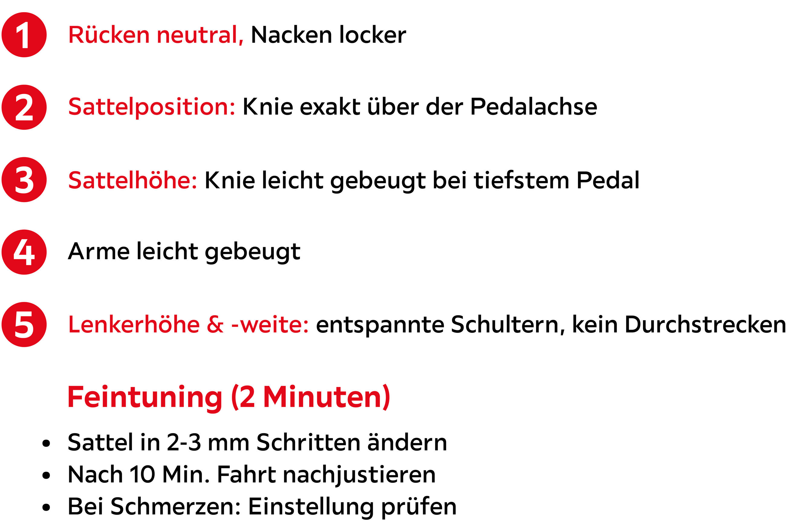 Infografik: fünf nummerierte Punkte zur Fahrrad‑Einstellung — 1 Rücken neutral, 2 Sattelposition, 3 Sattelhöhe, 4 Reichweite/Armhaltung, 5 Lenkerhöhe & -weite — plus Hinweis Feintuning (2 Minuten).