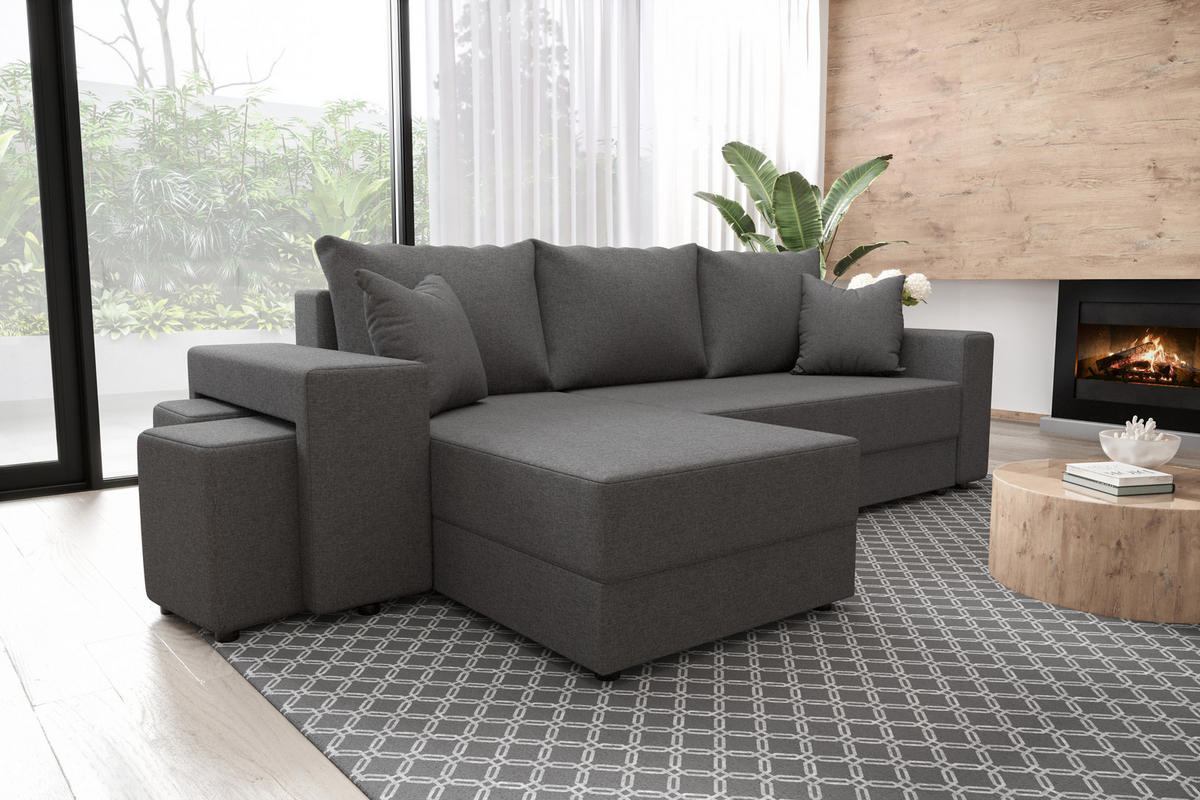 ECKSOFA Vegas mit Schlaffunktion und Ablagefläche + zwei Hocker - Grau, Textil (260/140cm) - SIMKAM Furniture