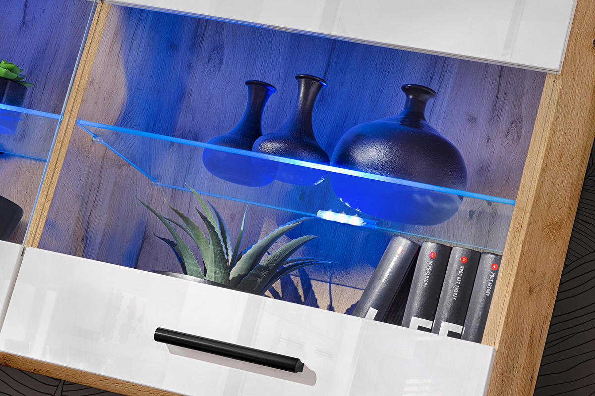 HÄNGEVITRINE SAVONA, Weiss, LED Mehrfarbige - Eiche Wotan/Schwarz, Glas/Holzwerkstoff (100/50/27.2cm) - Komodee