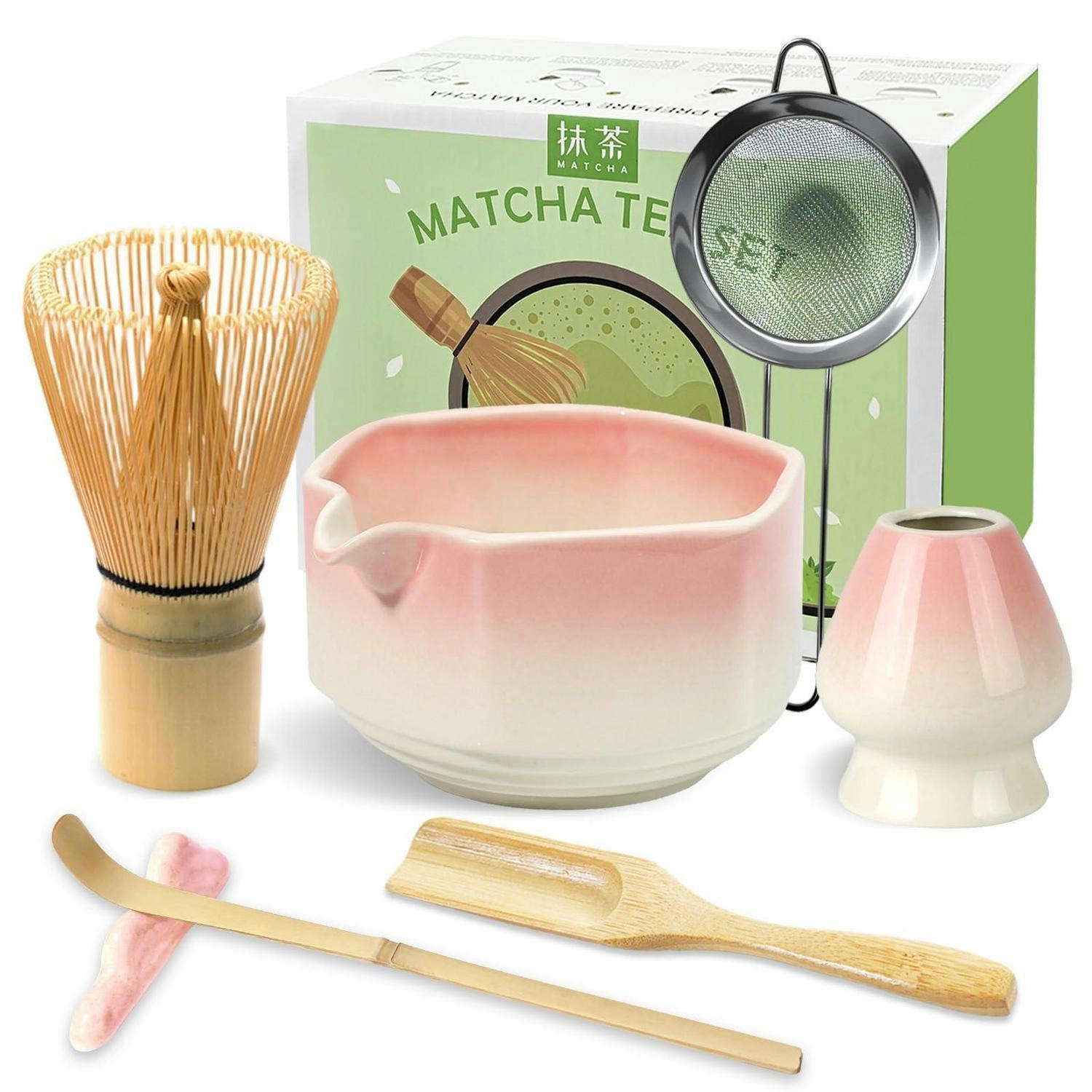 MATCHA Set 7-teiliges Set Keramikschale Bambusbesen Rosa - Rosa, Keramik (15/10/15cm)