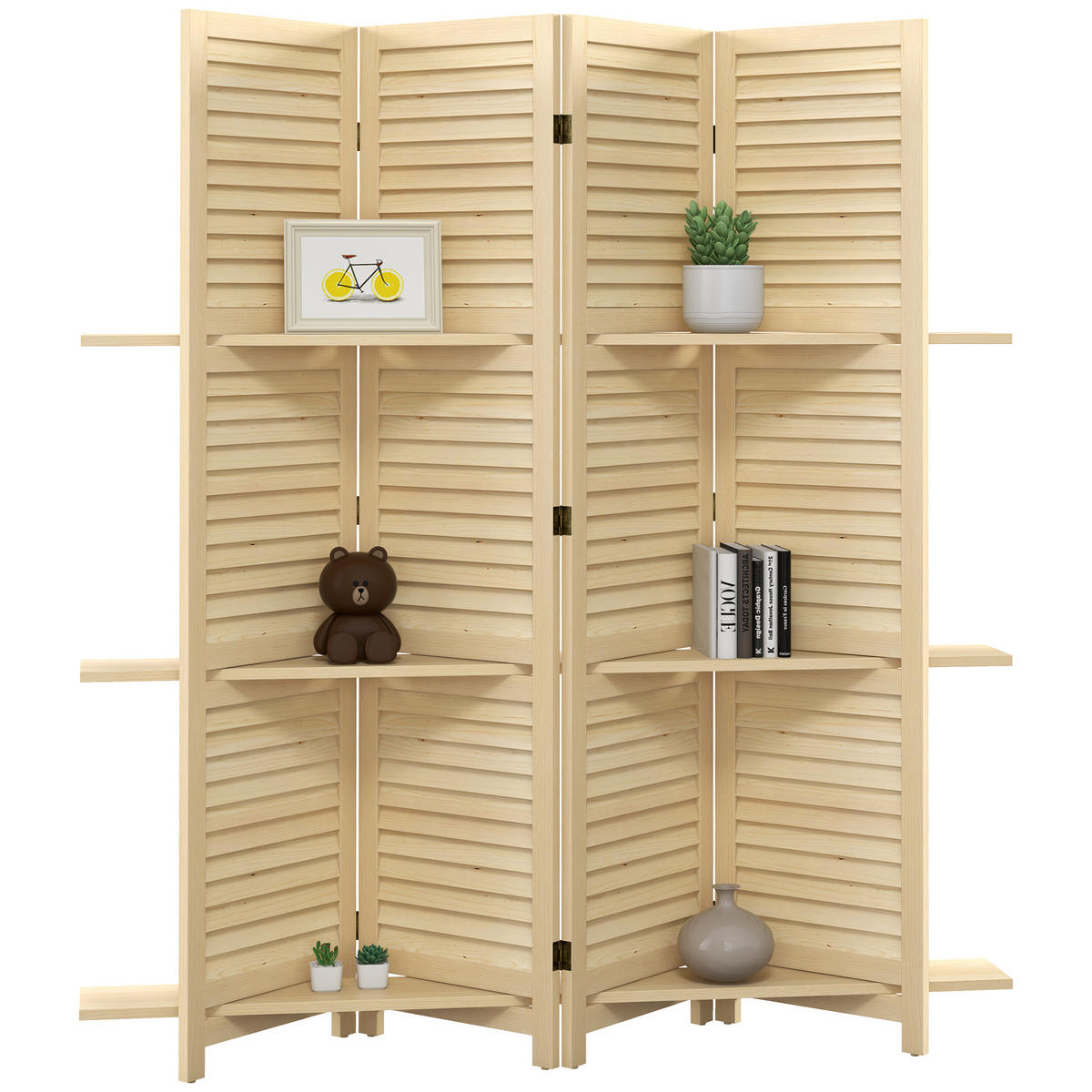 PARAVENT DE-14258 4-teilig, klappbar, mit 3 Regalböden Natur - Naturfarben, Holz (160/160/1.9cm) - ComfortXL