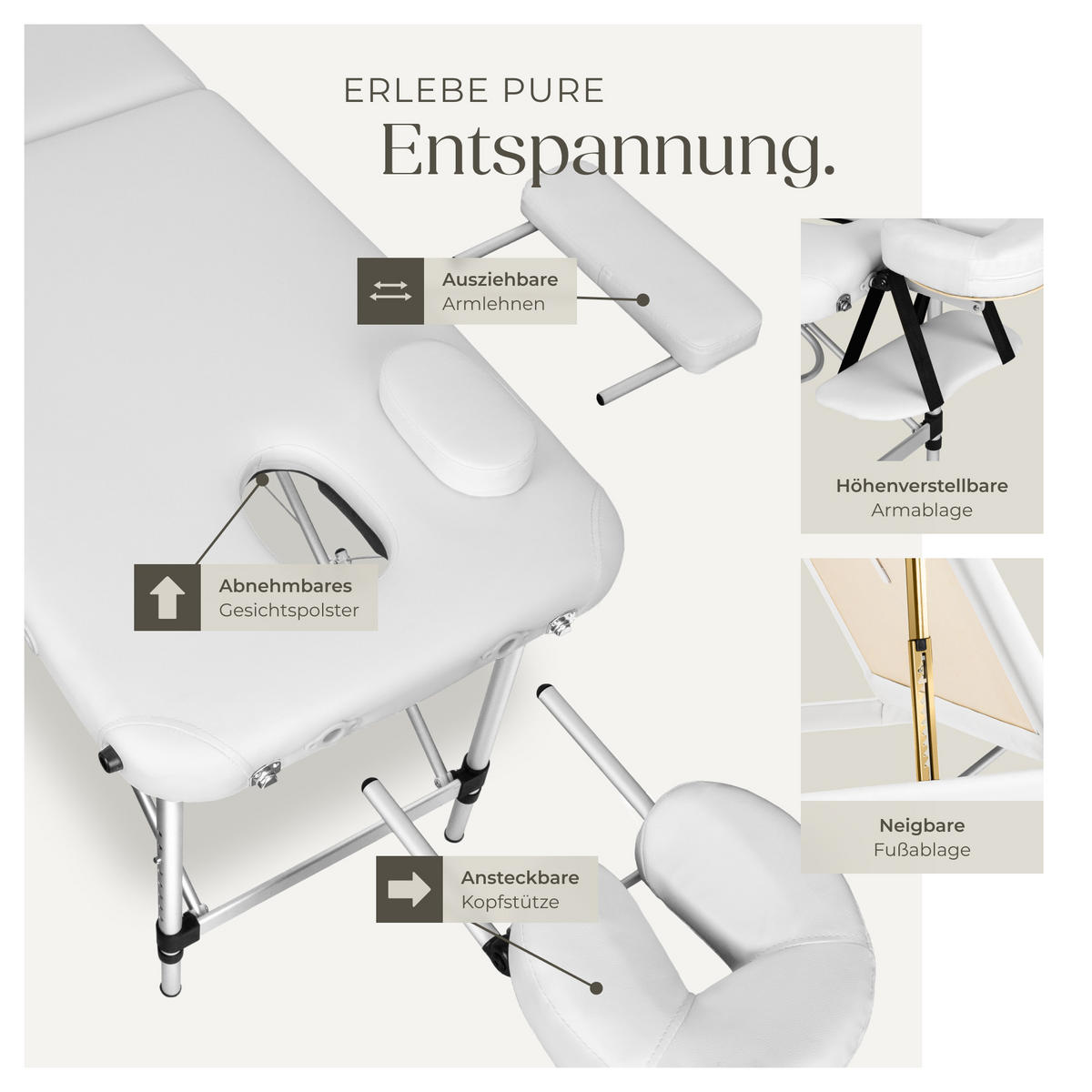 MASSAGELIEGE 3 Zonen, 210 x 95 x 90 cm,weiß - Weiß, Metall (61/68/180cm) - tectake