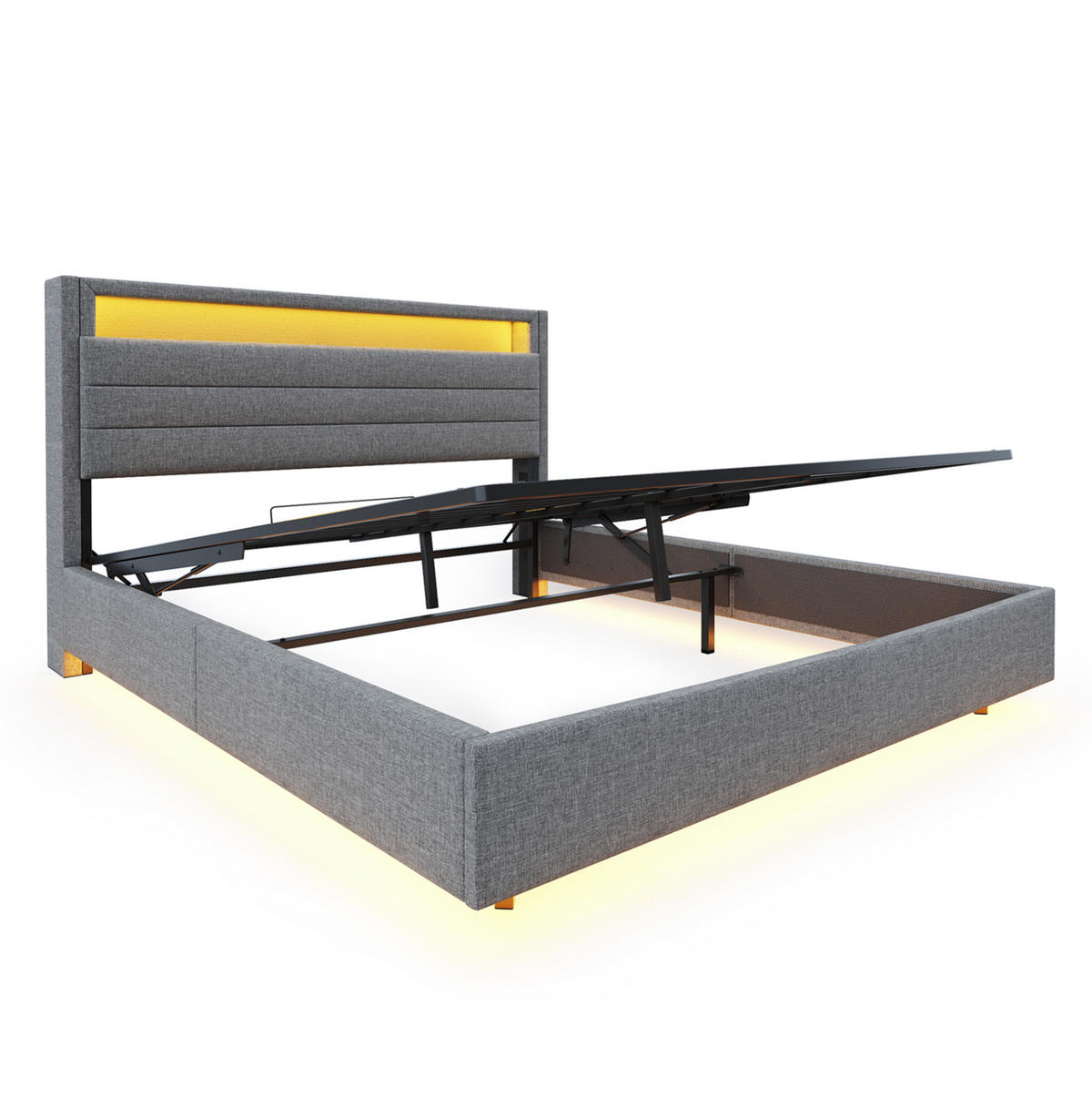 POLSTERBETT 140/200 cm Grau mit Stauraum, LED-Beleuchtung und USB-Anschluss - Grau, Textil (140/200cm) - Flora Grace