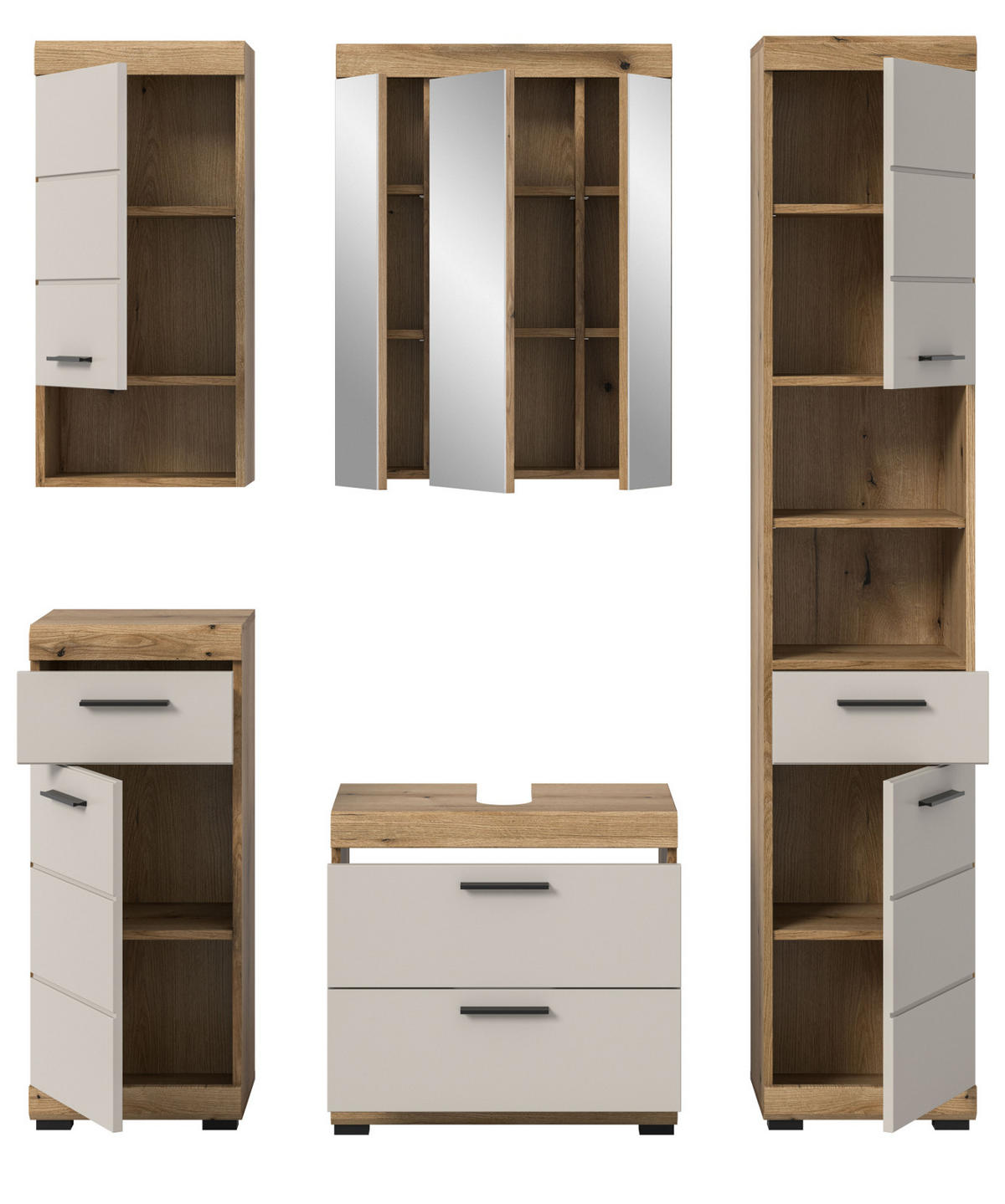 BADMÖBEL-SET Sand Kaschmir, Evoke Eiche, Badkombination 5-teilig 164 cm - Kaschmir/Eichefarben, Glas/Holzwerkstoff (164/191/34cm) - Inn.Furn