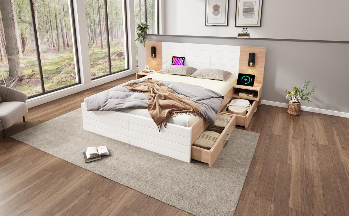 DOPPELBETT Weiß 255/207/80 cm - Weiß, Holzwerkstoff - Urban Meuble