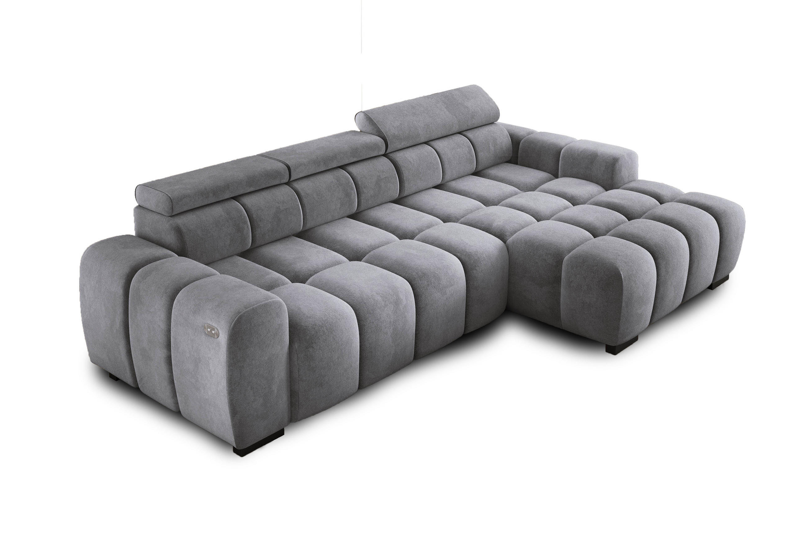 ECKSOFA OMBO 285x168x77/97 cm, Rechts, Schlaffunktion, elektr. Sitz, Kopfstützen, Buche dunkel, hydrophober SALVADOR-Stoff – Silber - Silberfarben, Holz/Textil (285/168cm) - DomoHome