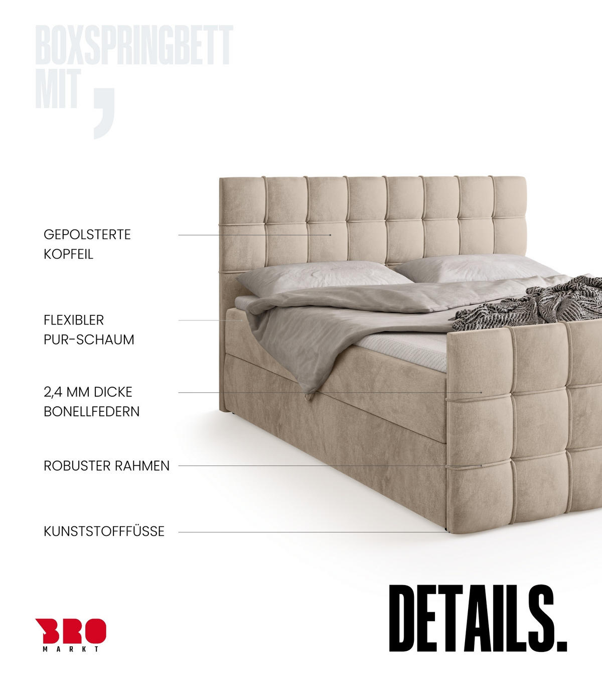 BOXBETT Detroit Duo mit Topper 180/200 Creme - Creme, Textil (180/200cm) - Bromarkt