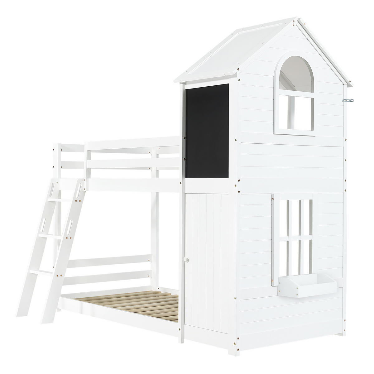 ETAGENBETT 90/200 cm mit Tafel, kleiner Tür, Dach und Schrägleiter aus Kiefernholz und MDF, Weiß - Weiß, Holzwerkstoff (90/200cm) - Redom