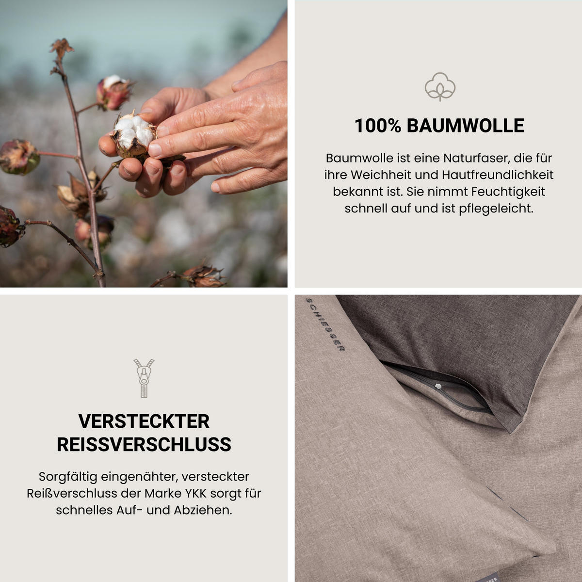 BETTWÄSCHESET Doubleface - Renforcé - 2-teilig - 155 x 220 cm - Taupe-Dunkelgrau - Dunkelgrau, Textil (155/220cm) - SCHIESSER