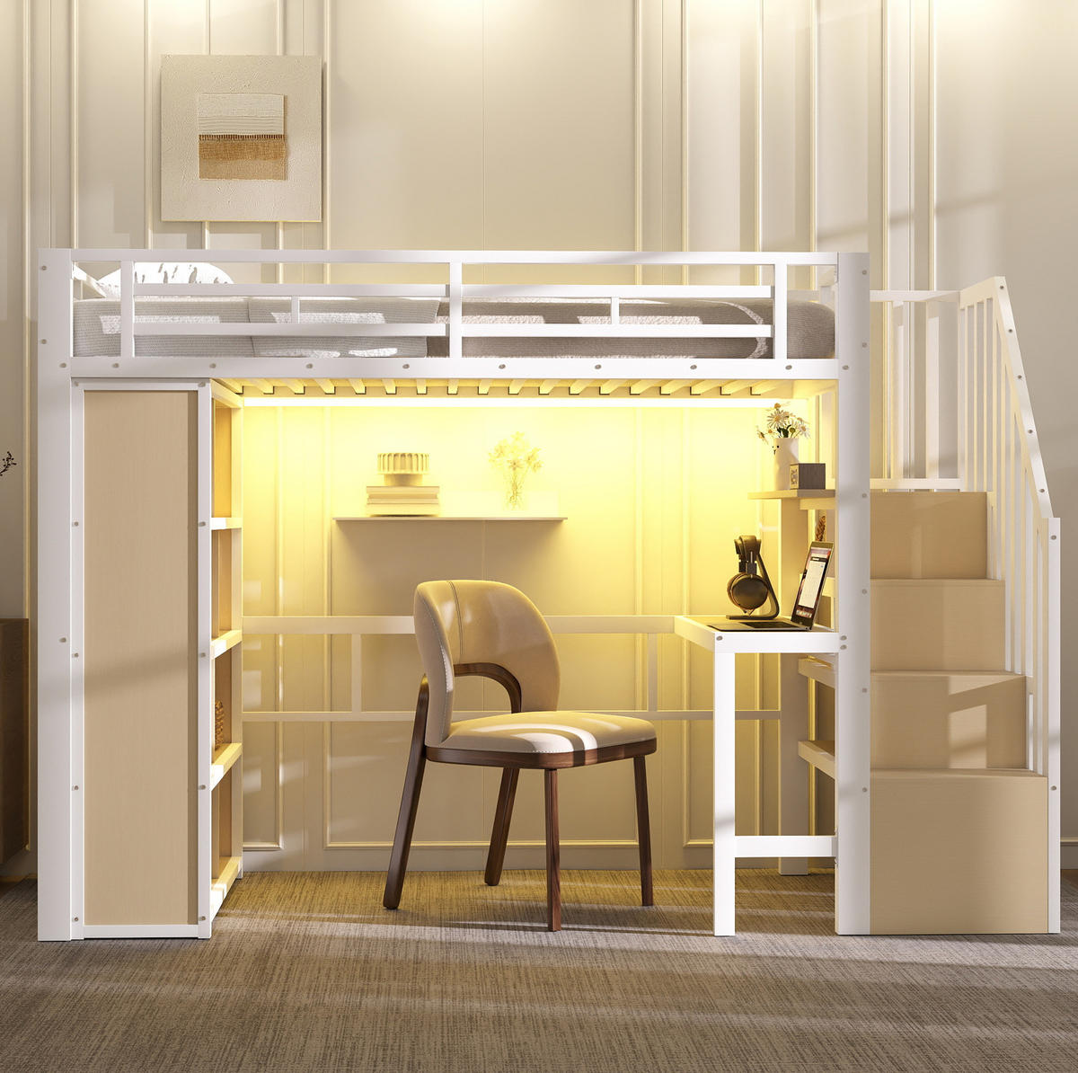 HOCHBETT aus Metall und MDF 90x200 cm Weiß mit Schreibtisch, Stauraumtreppe und App-gesteuerter LED-Lichtleiste - Weiß, Metall (90/200cm) - Modfu