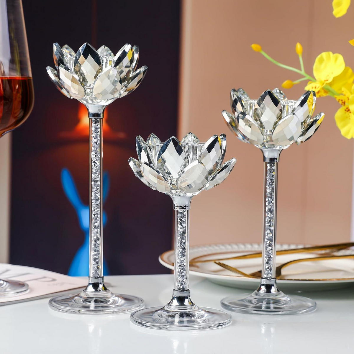 KERZENSTÄNDER 3-teiliges Set Kristall Lotus - Silberfarben, Glas (11.4/20.1/23.4cm)