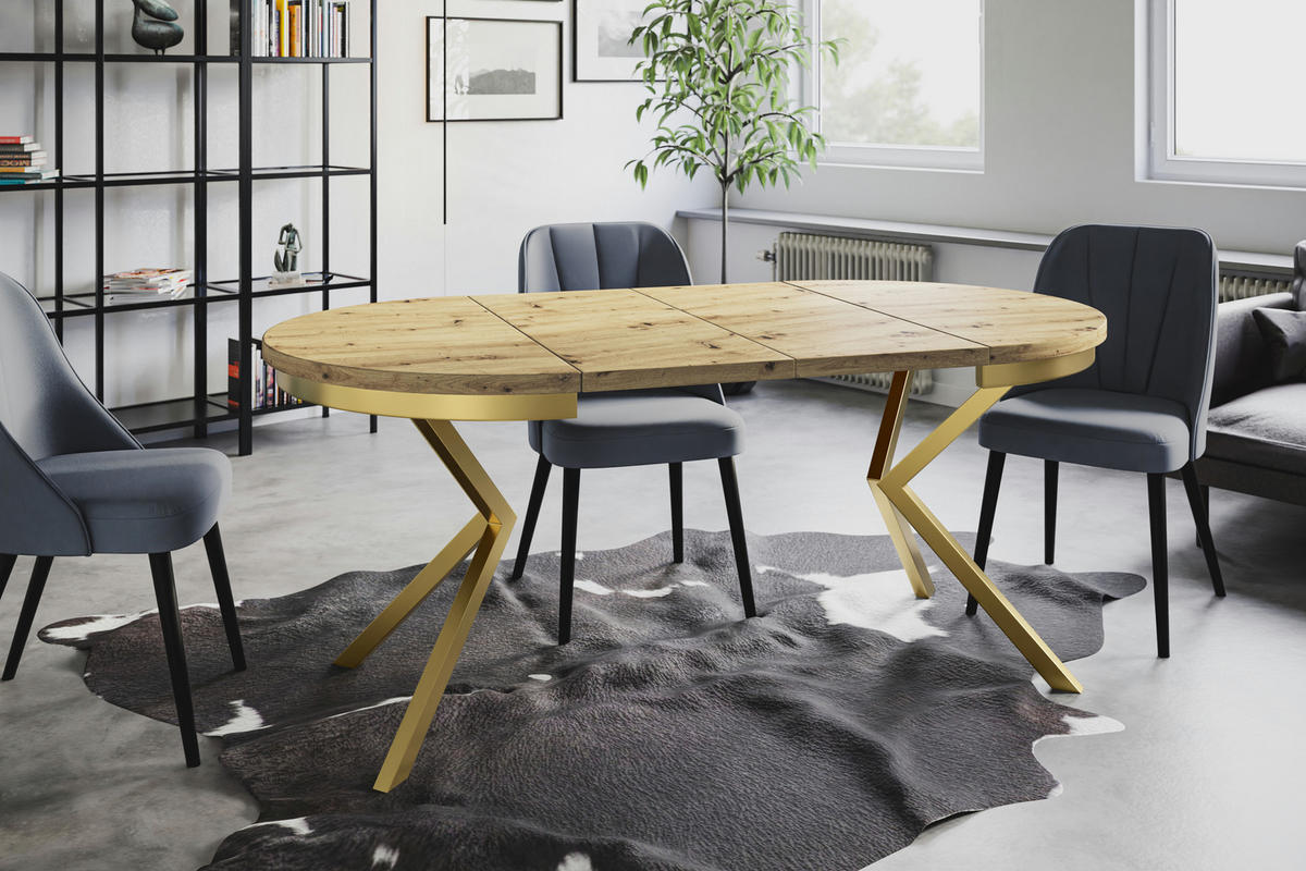 ESSZIMMERTISCH BERGO, ausziehbarer Tisch 90 cm/170 cm, Farbe: Mattbraun, mit Metallbeinen in Farbe Gold - Hellbraun/Goldfarben, Holzwerkstoff (90/90/76cm) - Alpi-Möbel