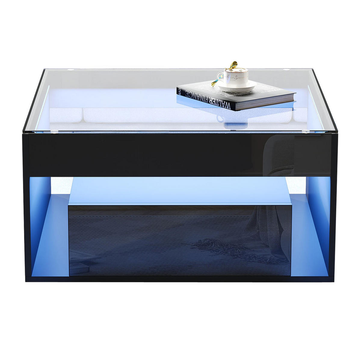 COUCHTISCH 70/70 cm mit 2 Schubladen, LED-Beleuchtung und Glasplatte - Schwarz, Holzwerkstoff (70/70/35cm) - BEAOK
