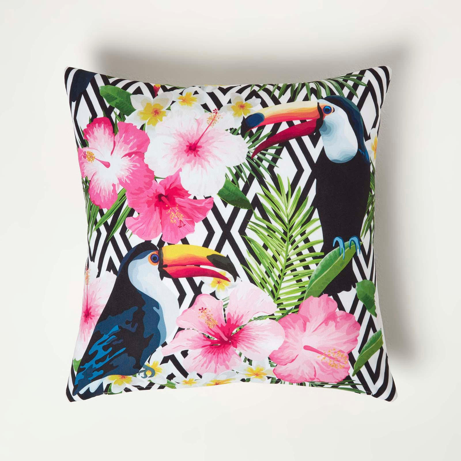 OUTDOOR-KISSEN 2er-Set 45/45 cm – Tukan & Blumen - Multicolor, Textil (45/45cm) - Homescapes